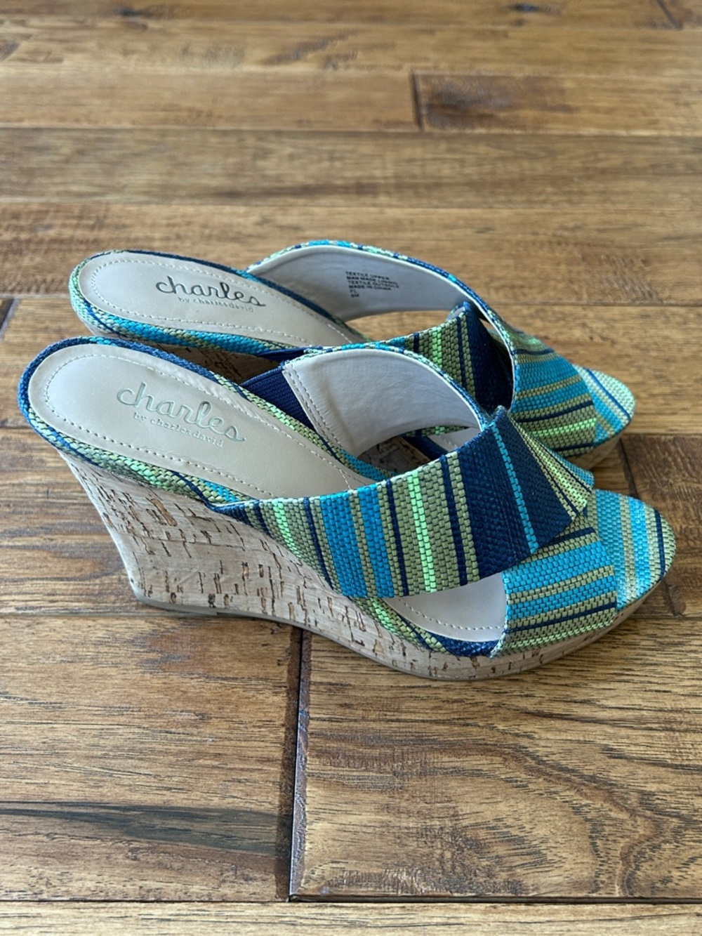 Charles David Multicolor Teal Navy and Lime Striped Cork Wedge Sandals